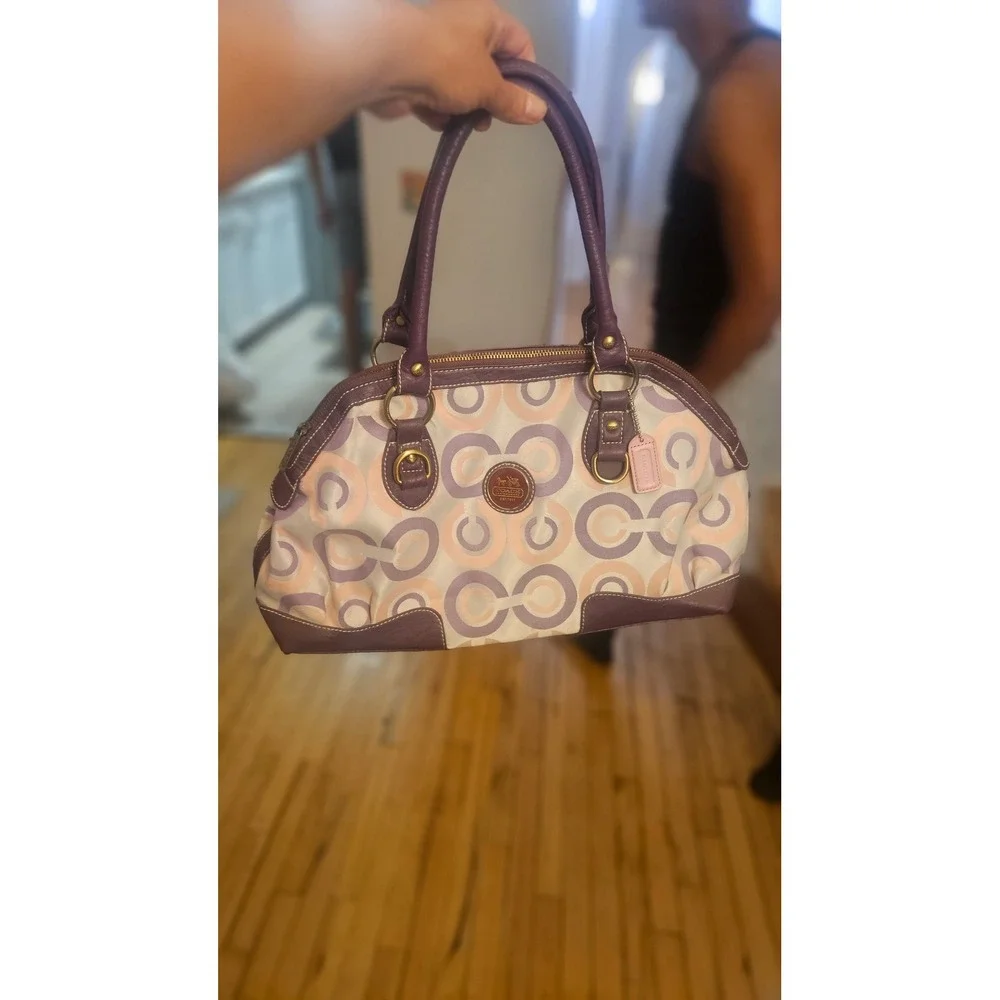 Coach Optic Signature Satchel Handbag Purple Pink Jacquard Leather Trim